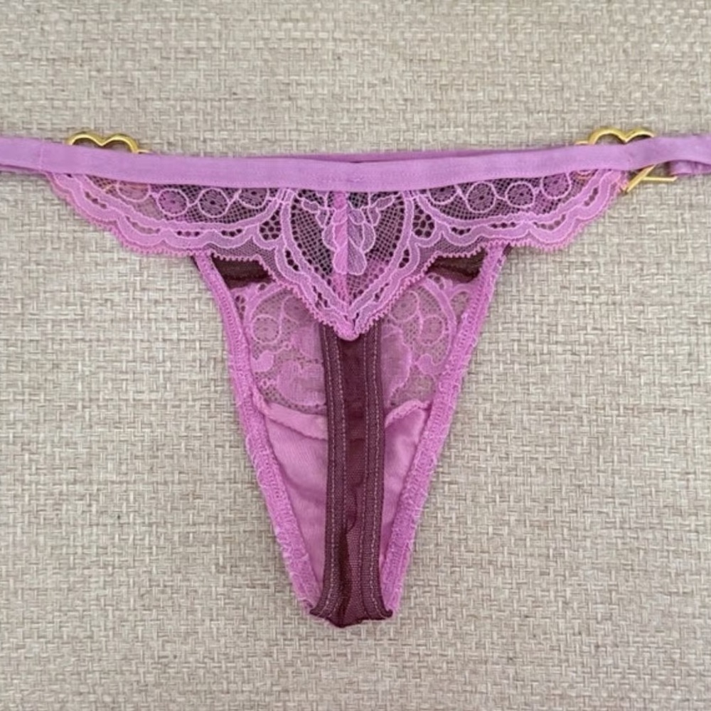 Victorias Secret Valentines Gold Hearts Rhinestones Hardware Purple Thong XS - Picture 2 of 3